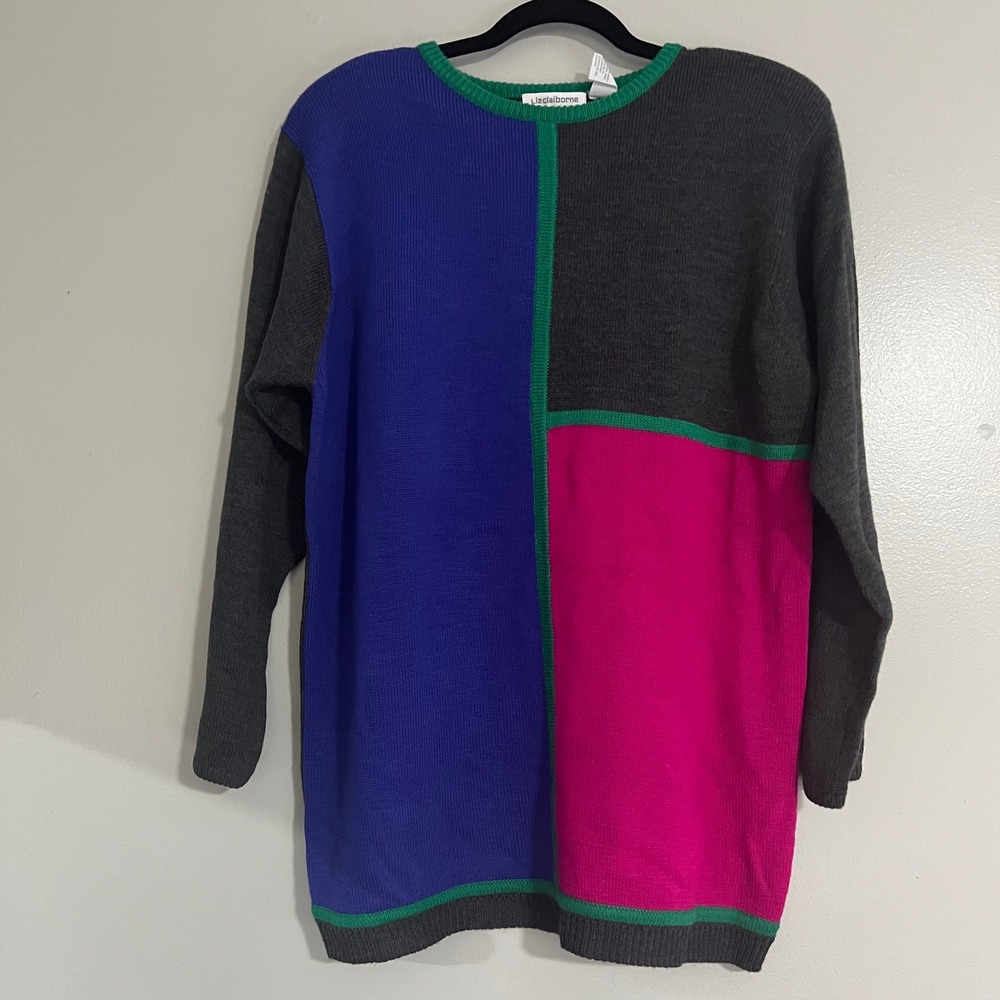 Vintage Liz Claiborne Acrylic Merino Colorblock‎ Tunic Sweater Blue Pink Grey M